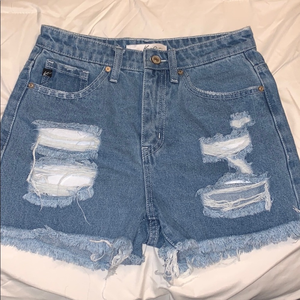 High waisted light wash jean shorts
